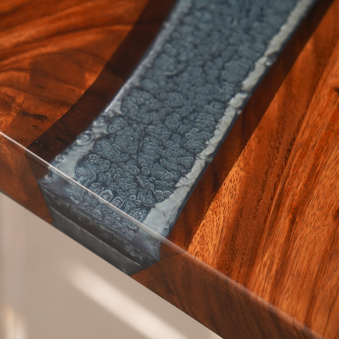 Custom Epoxy Resin River Countertop detail featuring glossy epoxy resin textures combined with a durable kitchen/bar counter design - SeaWaveTable
