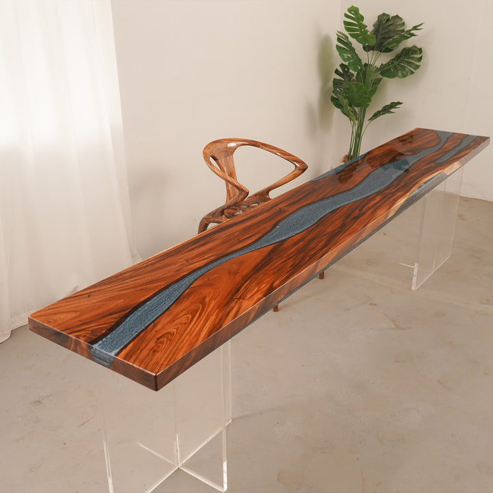 Custom Epoxy Resin River Countertop displayed in a luxury interior space as a functional kitchen/bar counter and custom resin table centerpiece - SeaWaveTable