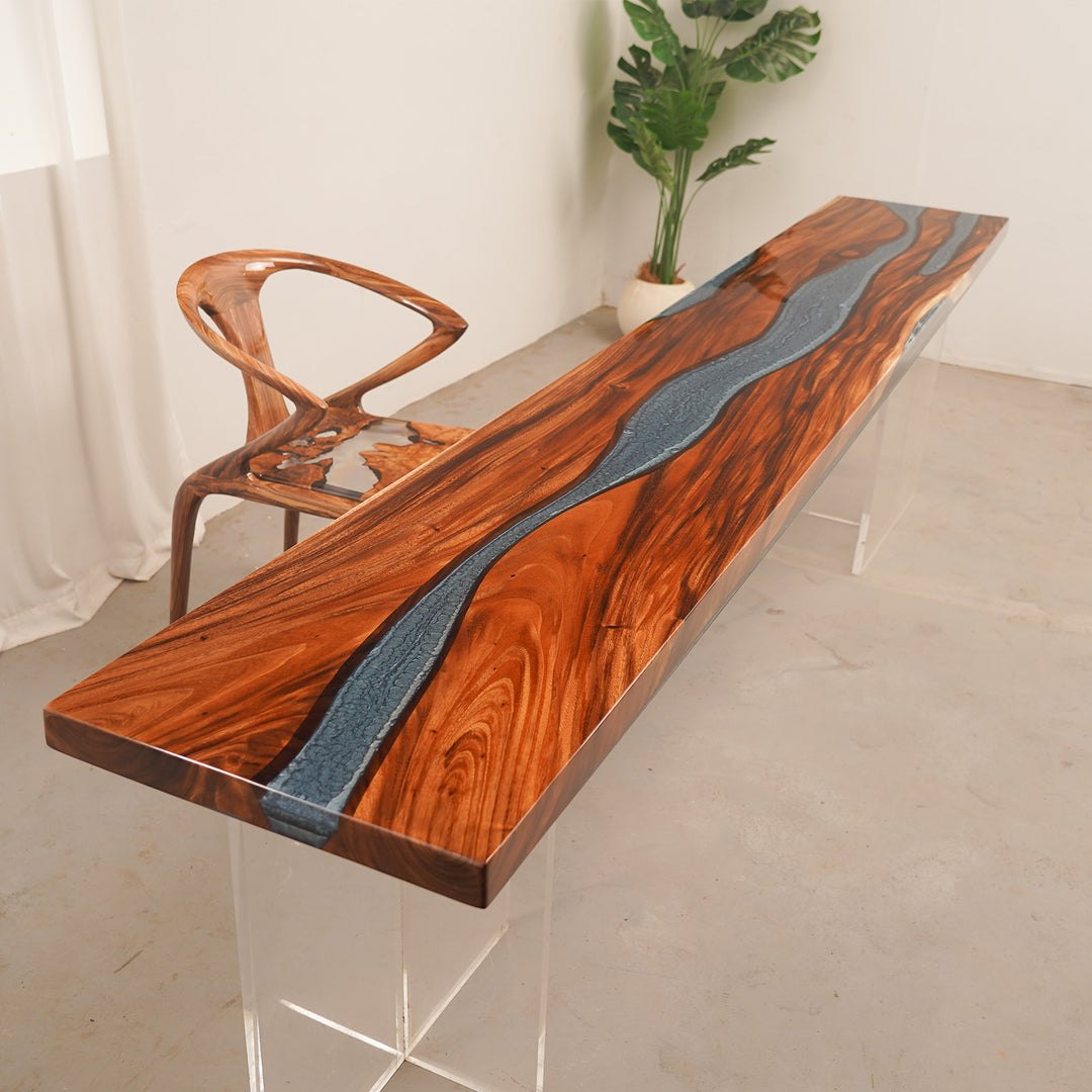 Custom Epoxy Resin River Countertop exhibition featuring a modern kitchen/bar counter installation with natural wood texture and elegant resin table finish - SeaWaveTable