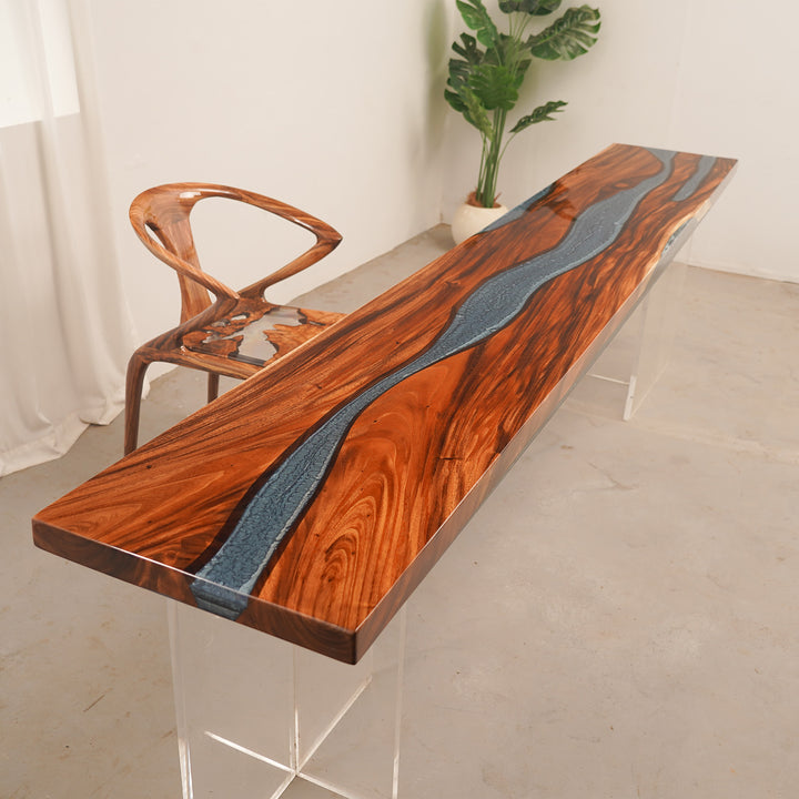 Custom Epoxy Resin River Countertop exhibition featuring a modern kitchen/bar counter installation with natural wood texture and elegant resin table finish - SeaWaveTable