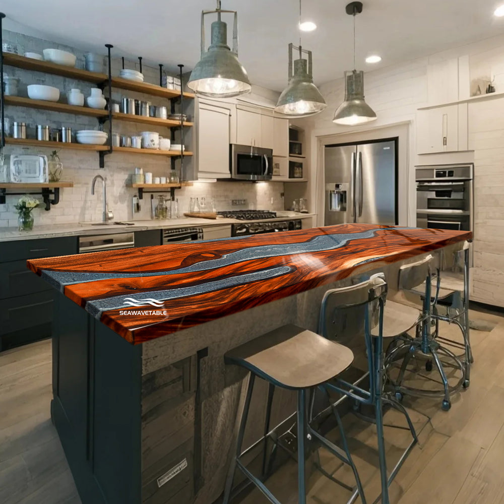 Custom Epoxy Resin River Countertop creating a stylish kitchen/bar counter space with live edge wood and artistic resin table craftsmanship - SeaWaveTabl