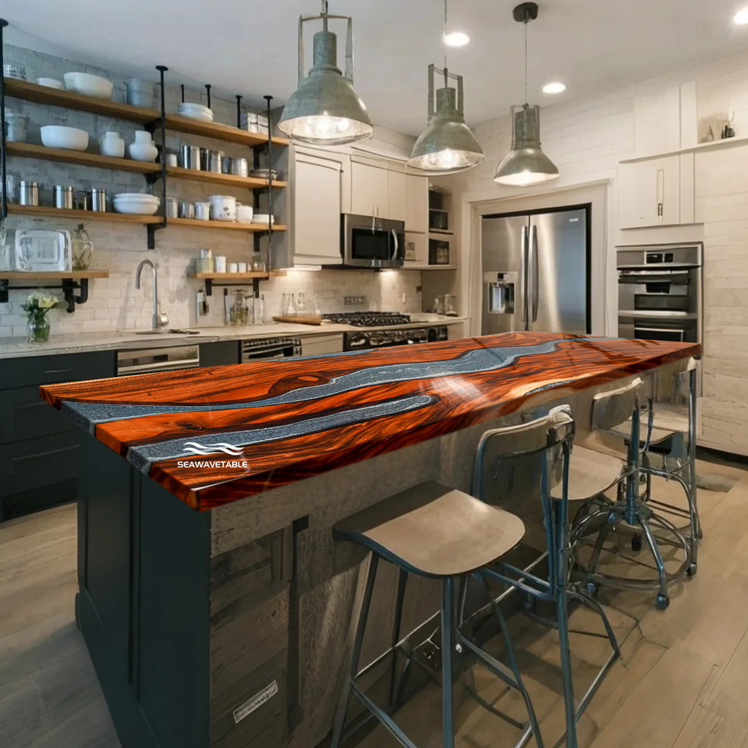 Custom Epoxy Resin River Countertop creating a stylish kitchen/bar counter space with live edge wood and artistic resin table craftsmanship - SeaWaveTabl