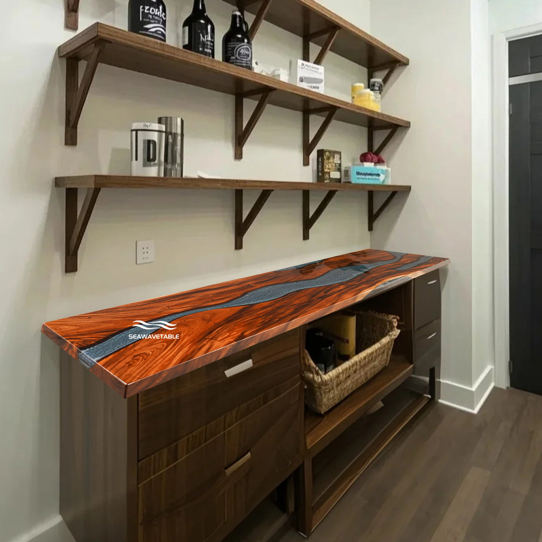 Custom Epoxy Resin River Countertop featuring a handcrafted kitchen/bar counter design with natural wood details and a unique resin table surface for modern interiors - SeaWaveTable