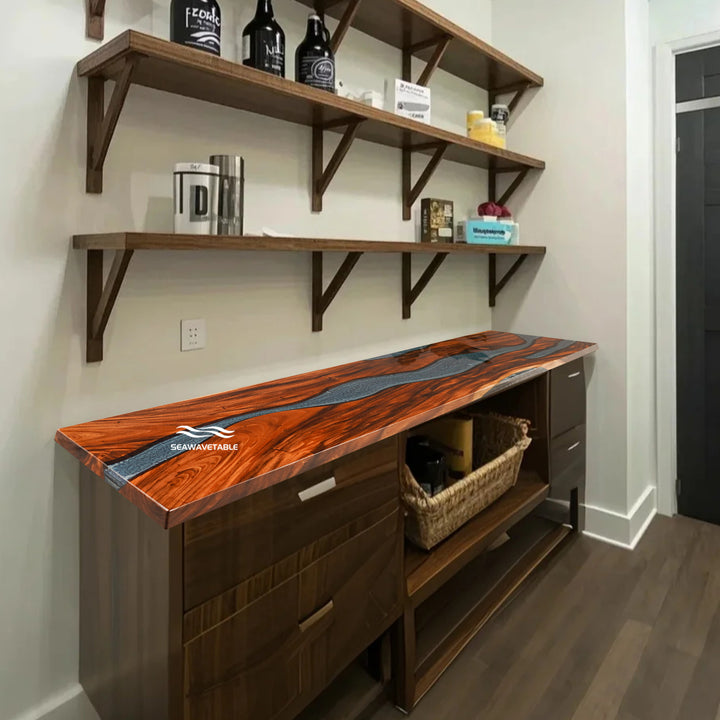 Custom Epoxy Resin River Countertop featuring a handcrafted kitchen/bar counter design with natural wood details and a unique resin table surface for modern interiors - SeaWaveTable