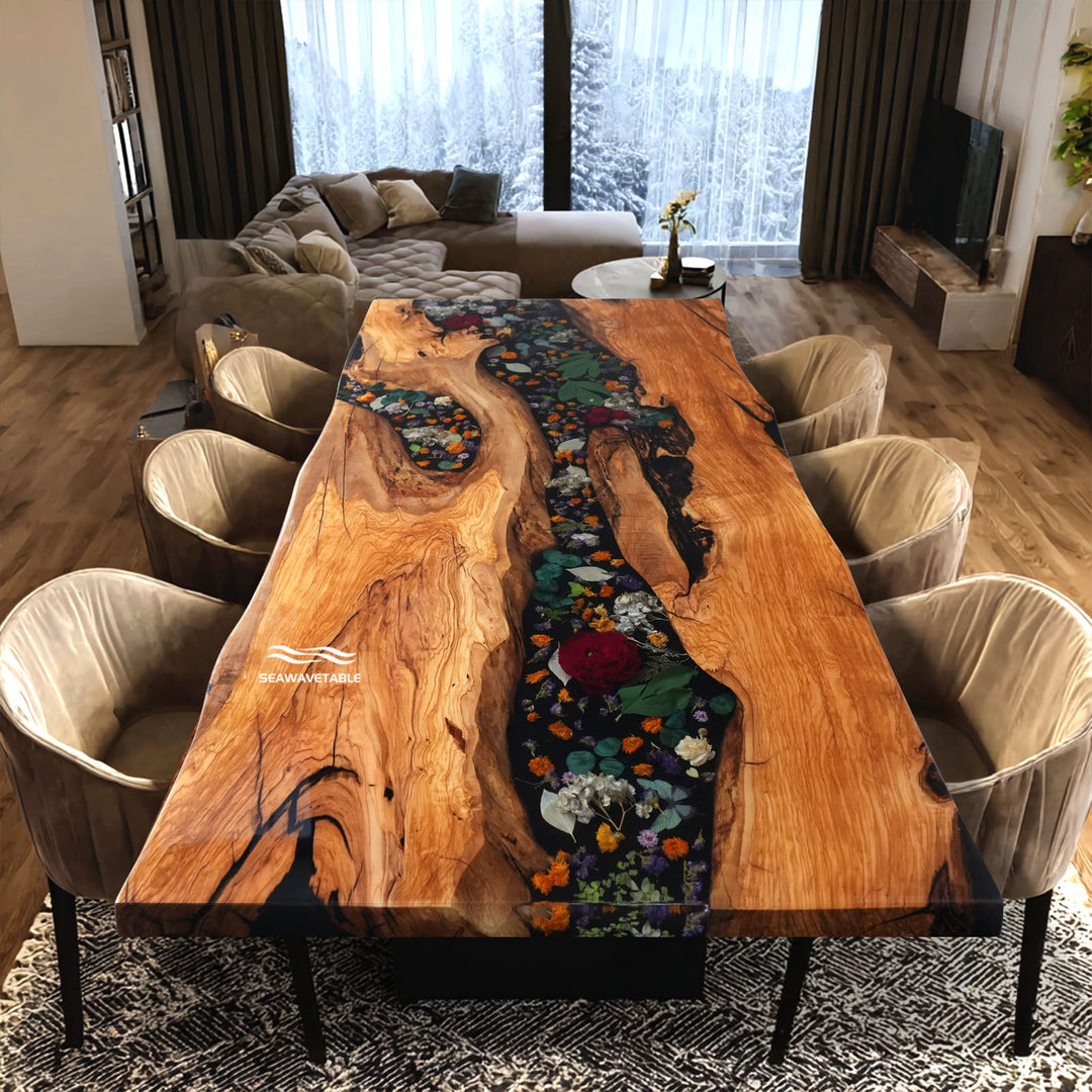 Olive wood floral epoxy river dining table with dried flowers