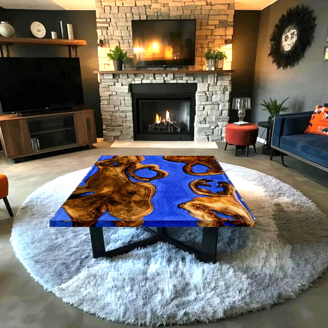 Custom Black Walnut Resin Coffee Table with Frozen Tides Epoxy – Handmade Wood & Blue Resin Side Table