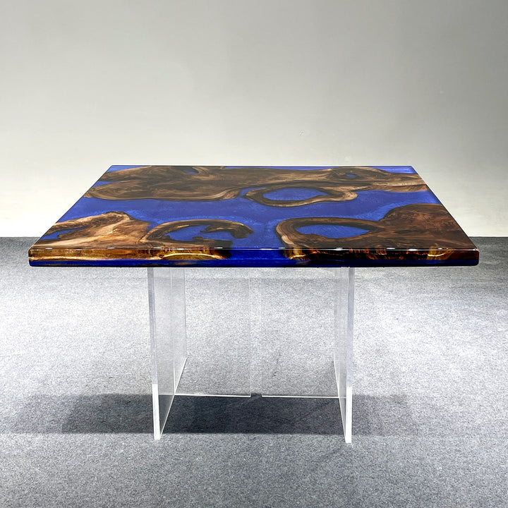 Customizable Epoxy Resin Table – Round, Square, or Waterfall Edge – Walnut & Blue Resin