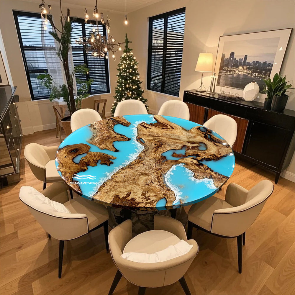 Luxury epoxy table – live edge round wooden table with blue ocean resinwood