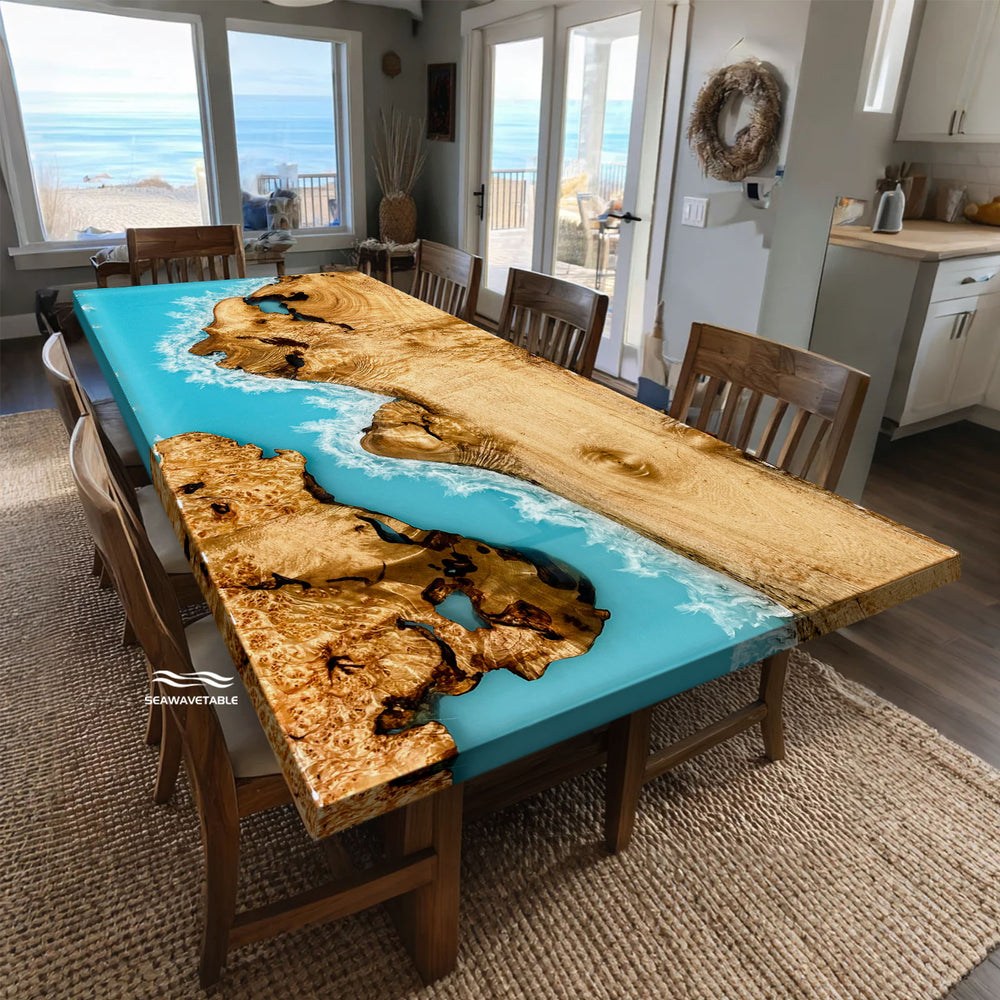 Dining room with a unique wooden table featuring a blue resin design.