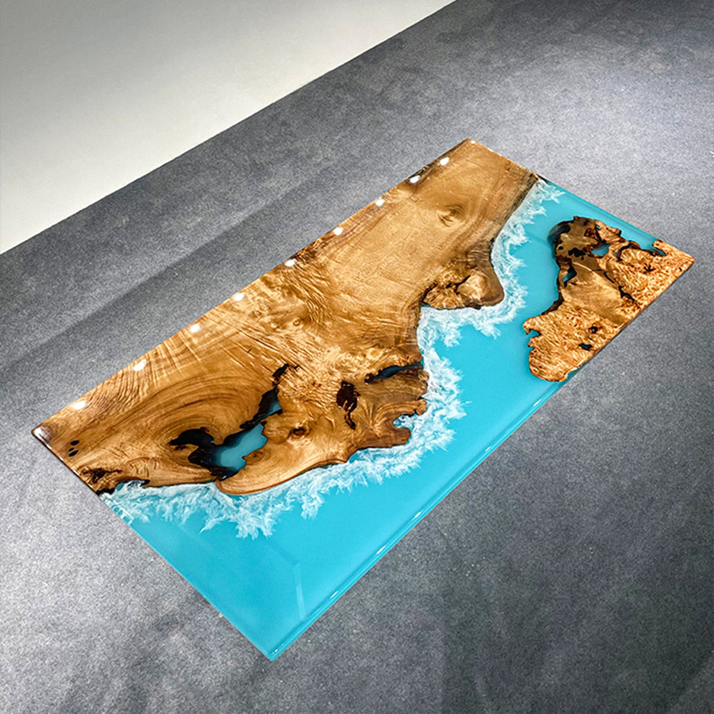Seawavetable-Custom turquoise epoxy river table with golden camphor wood