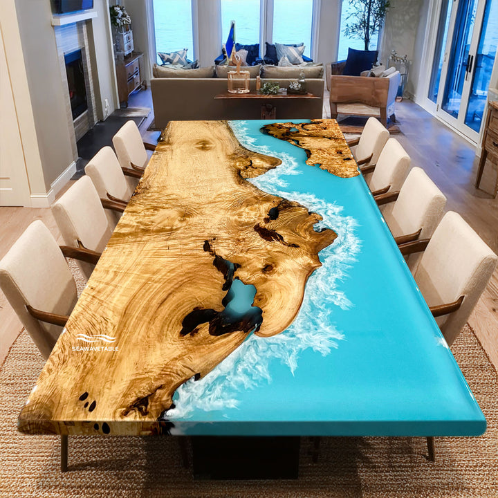 Dining table with natural wood design and blue resin inlay in a modern living room.