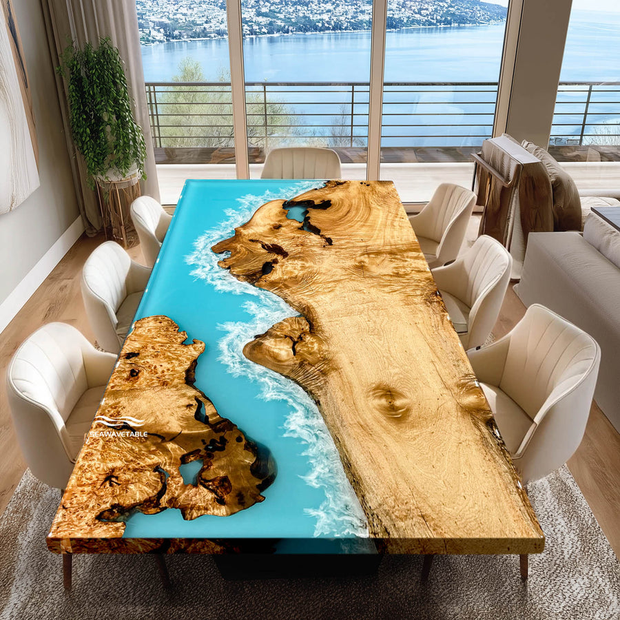 Dining table with beachscape design in a modern living room with a lake view.