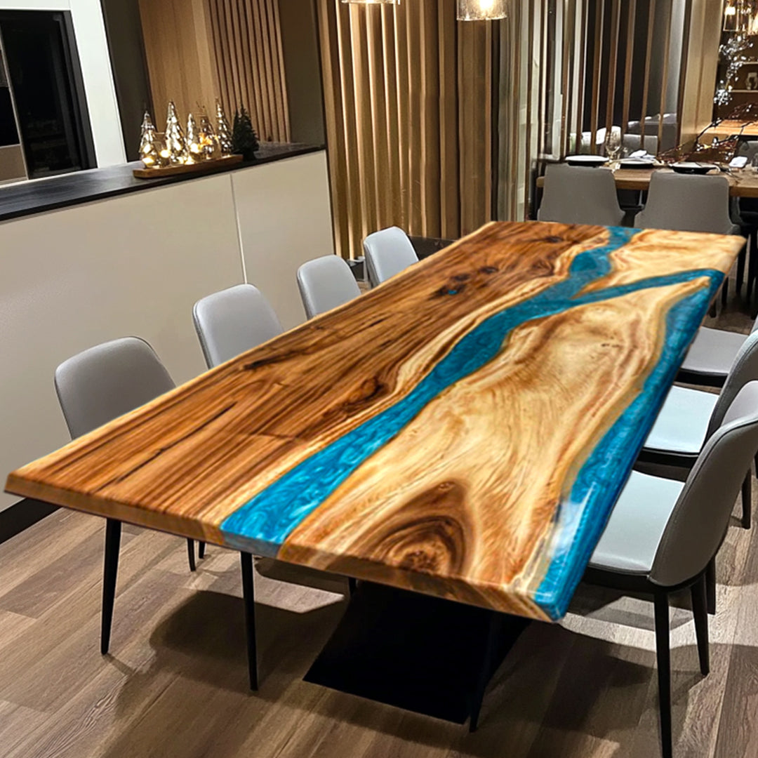 Custom Handcrafted Live Edge Walnut Blue Epoxy Resin River Dining Table CRT-162