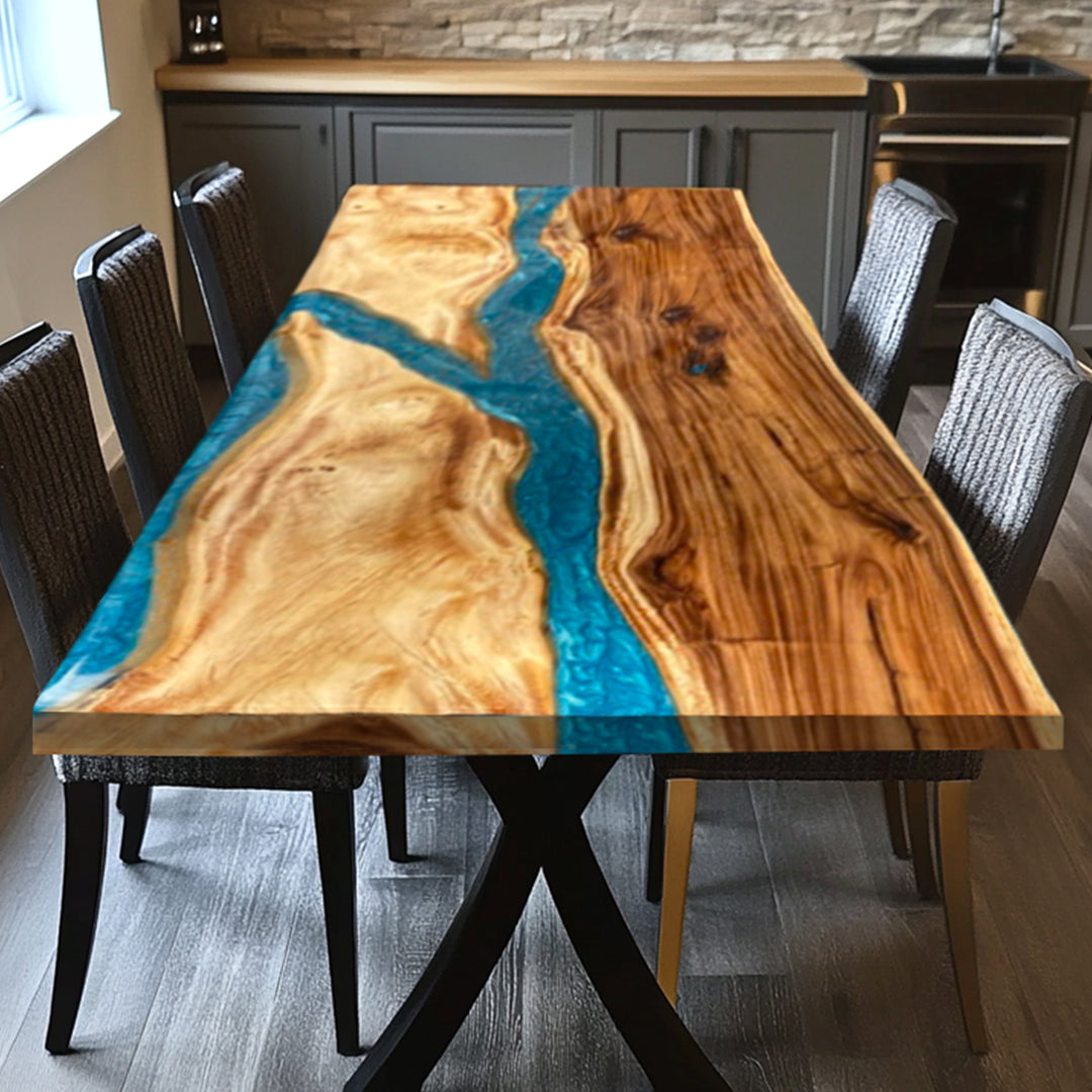 Custom Handcrafted Live Edge Walnut Blue Epoxy Resin River Dining Table CRT-162