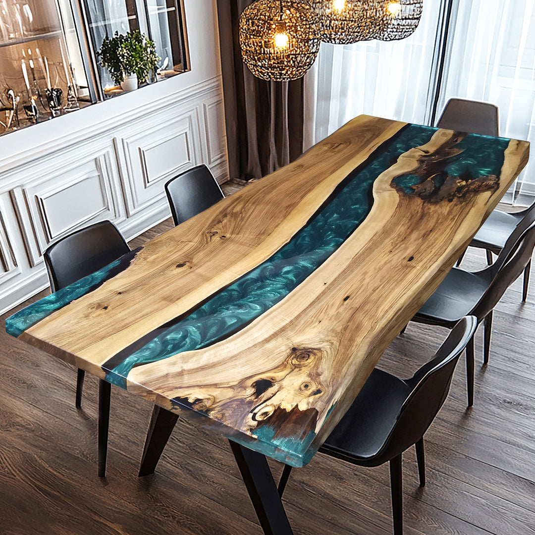 walnut epoxy river table,live edge dining table