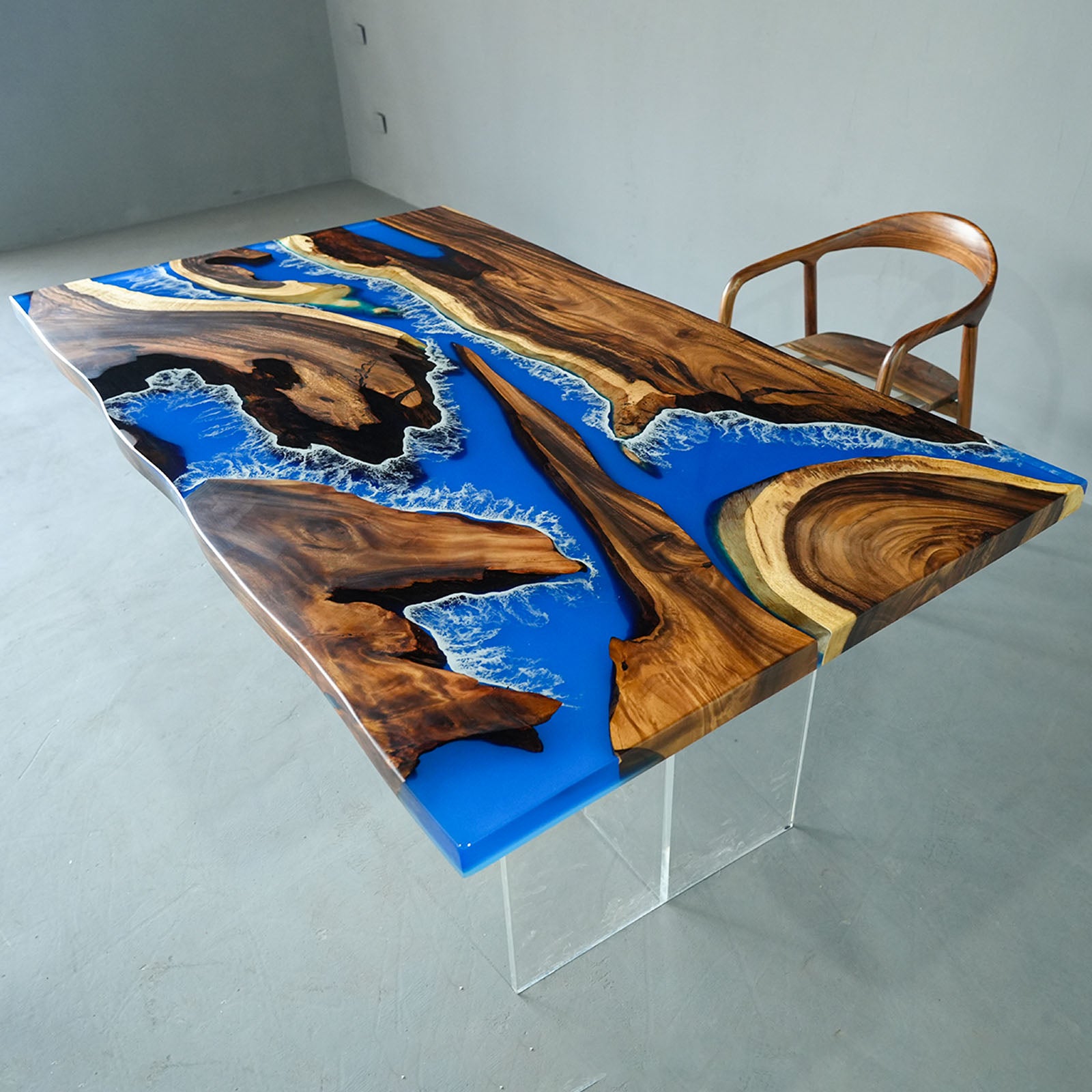 Custom CRT-218 Black Walnut Live Edge Ocean Wave Blue Epoxy Table