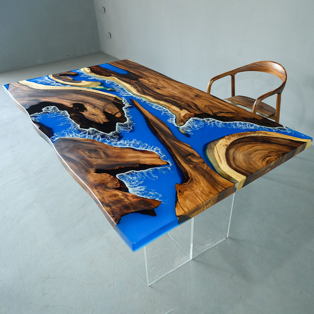 Large luxury epoxy resin table with unique blue wave design