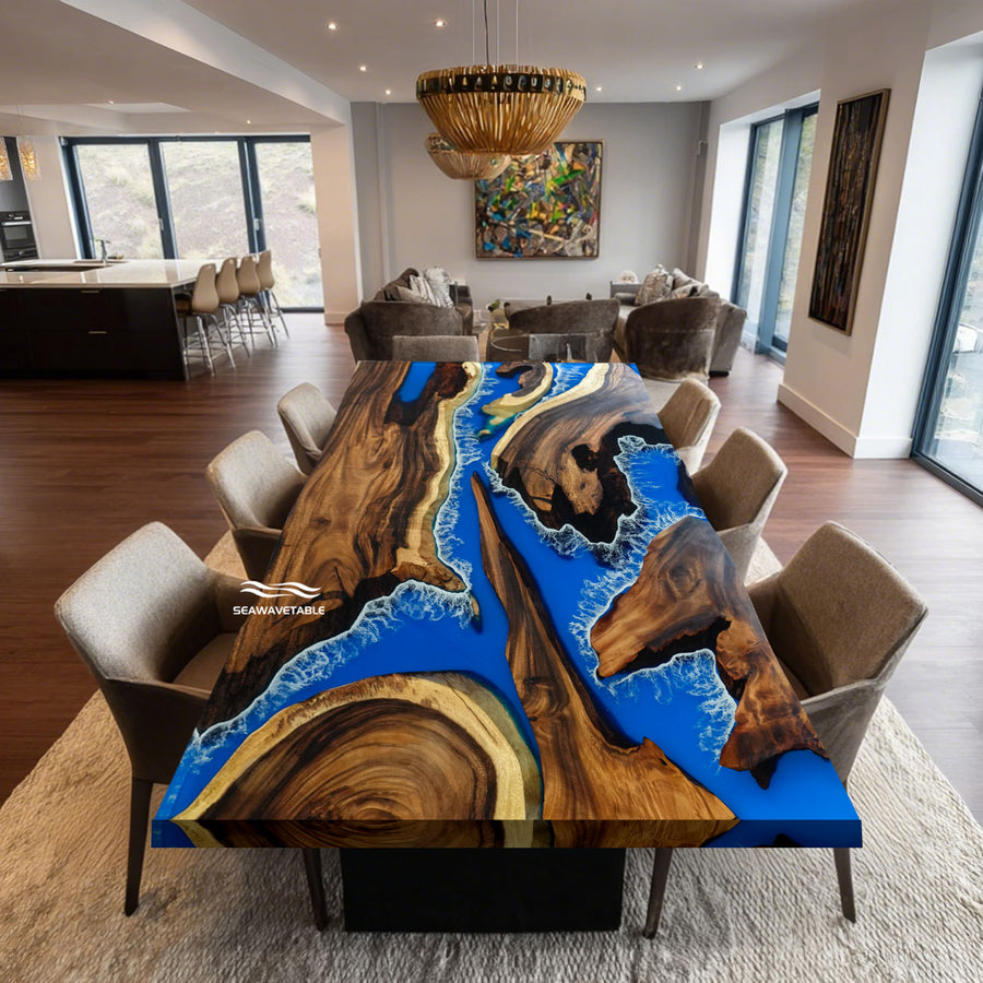 Luxury large epoxy resin dining table with ocean wave design in modern living room