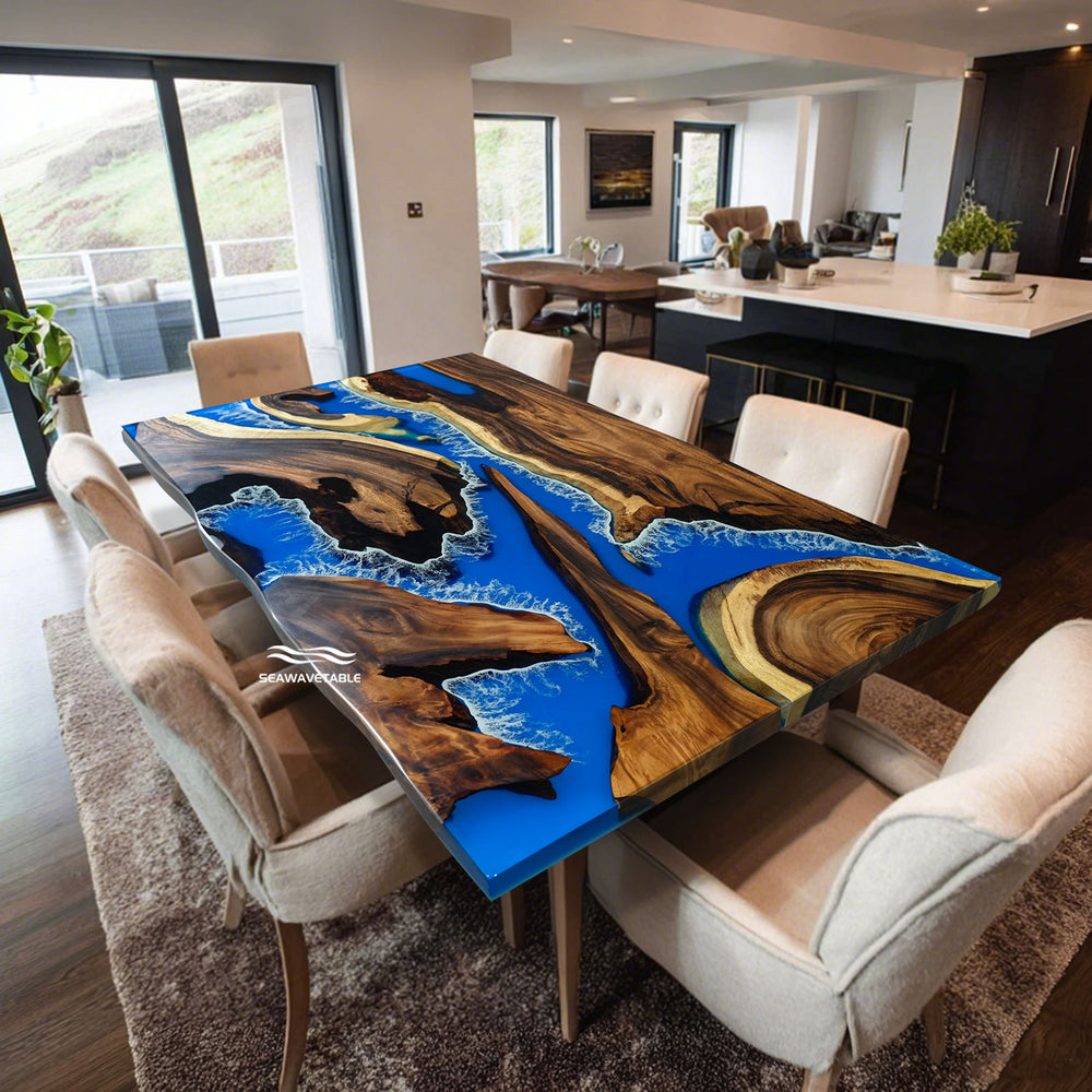 Handmade custom epoxy river table with natural walnut wood and blue resin