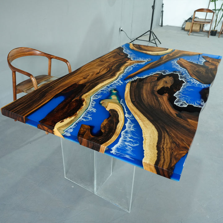 Ocean-inspired epoxy resin dining table with live edge solid wood