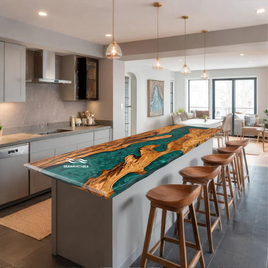 Custom Malibu coastal emerald epoxy river dining table with live edge wood slab