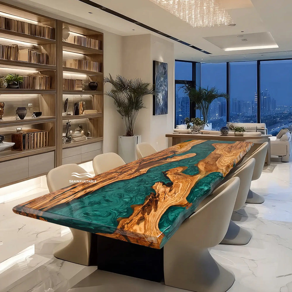 Emerald green epoxy river table with natural wood grain