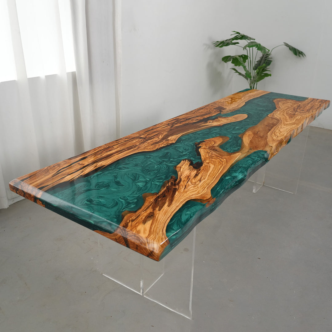 Coastal style epoxy river table inspired by Malibu ocean tones