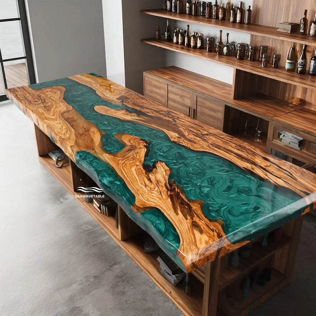 Live edge wood dining table with turquoise resin river