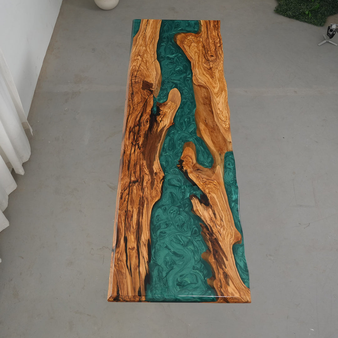 Handmade solid wood slab table with emerald epoxy and glossy finish