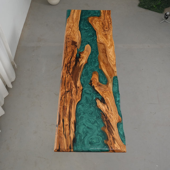 Handmade solid wood slab table with emerald epoxy and glossy finish