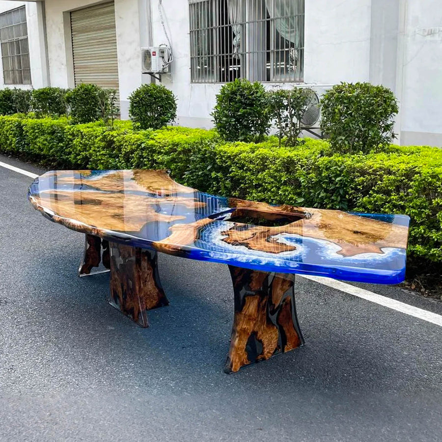Handcrafted blue resin and wood kitchen island table with ocean wave design