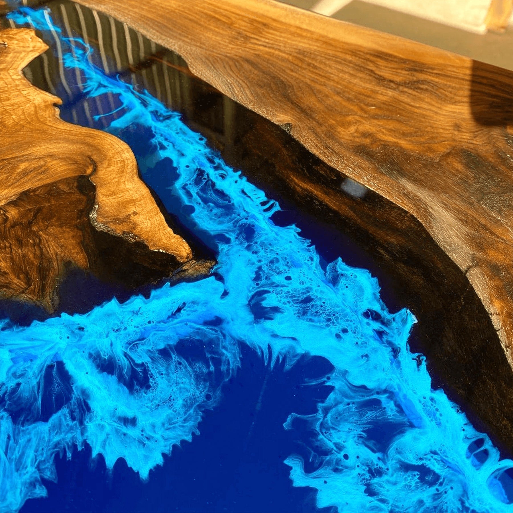 Custom Black Walnut Blue Epoxy River Dining Table Top CRT-142