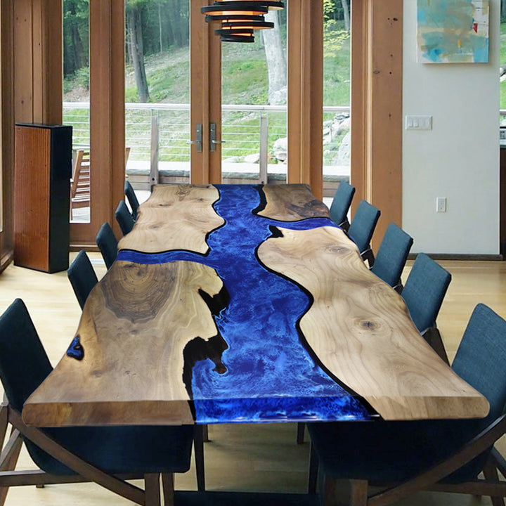 Custom Olive Wood Live Edge Blue Epoxy Resin Dining Table CRT-134