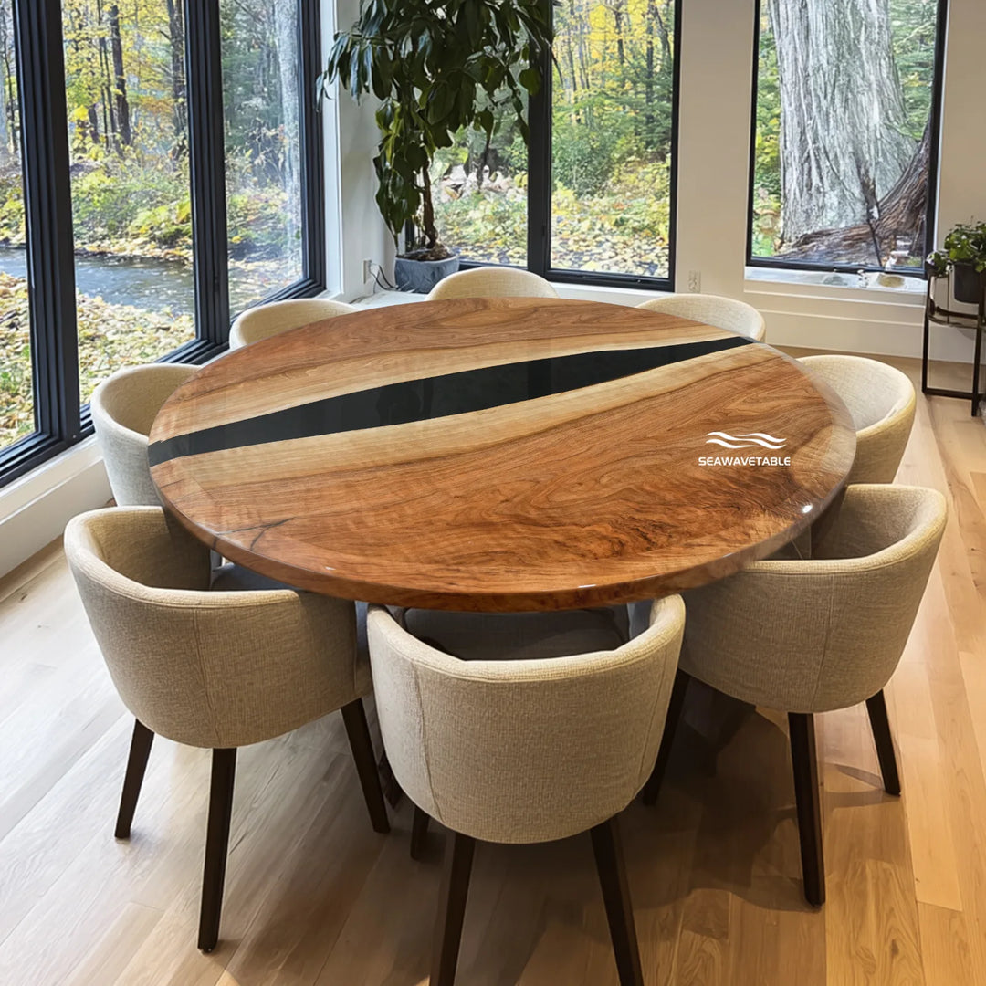Modern epoxy resin black walnut coffee table with black river table top design for contemporary interiors - SeaWaveTable
