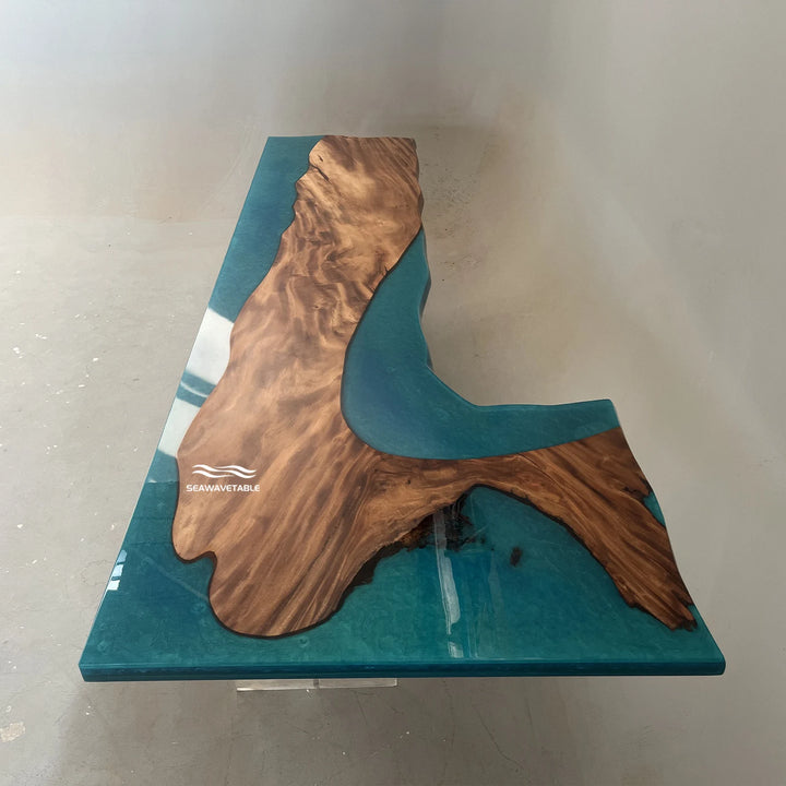 Custom Walnut Epoxy Resin Office Desk detail highlighting live edge walnut edges, organic patterns, and premium real wood desk materials - SeaWaveTable