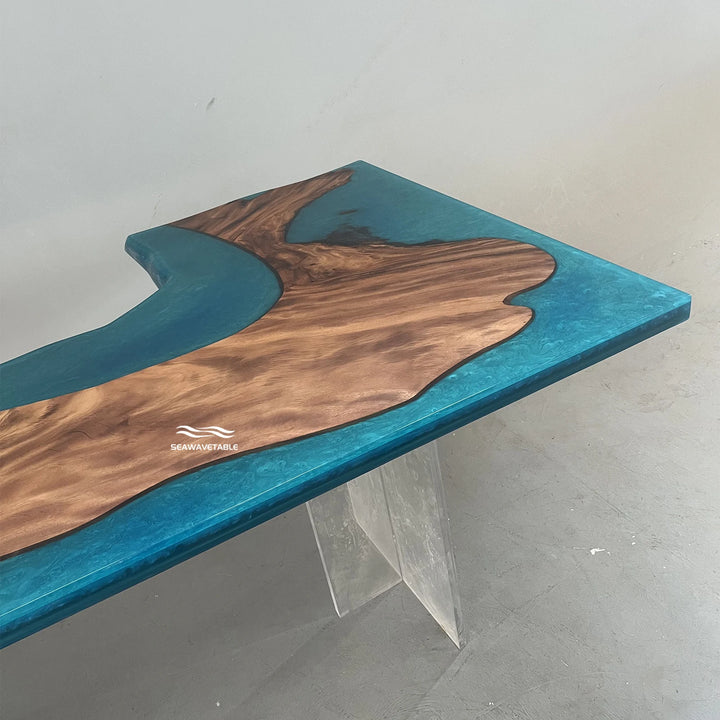 Custom Walnut Epoxy Resin Office Desk with live edge walnut wood and blue epoxy details creating a premium real wood desk and walnut desk  - SeaWaveTable