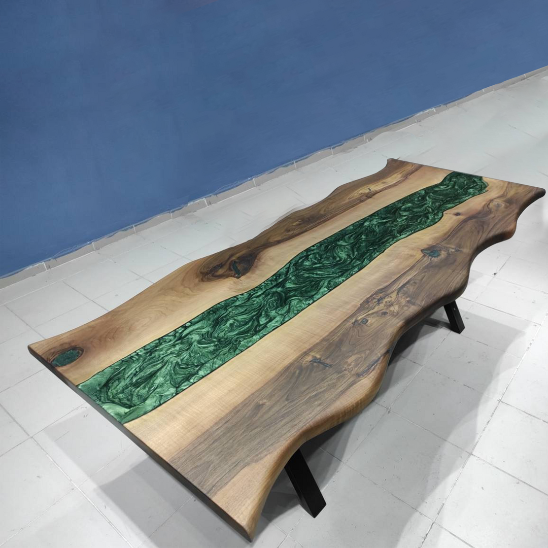 Custom Live Edge Walnut Wood and Green Epoxy River Tables CRT-129