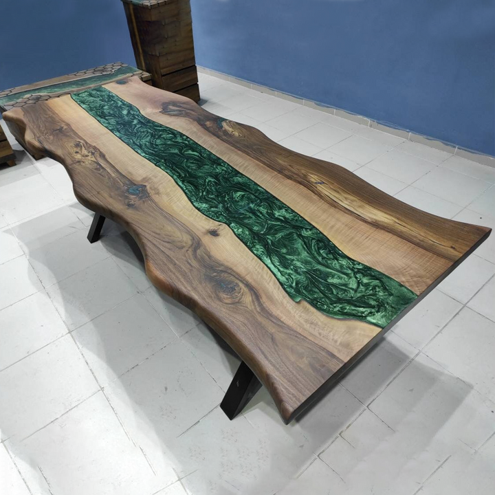 Custom Live Edge Walnut Wood and Green Epoxy River Tables CRT-129