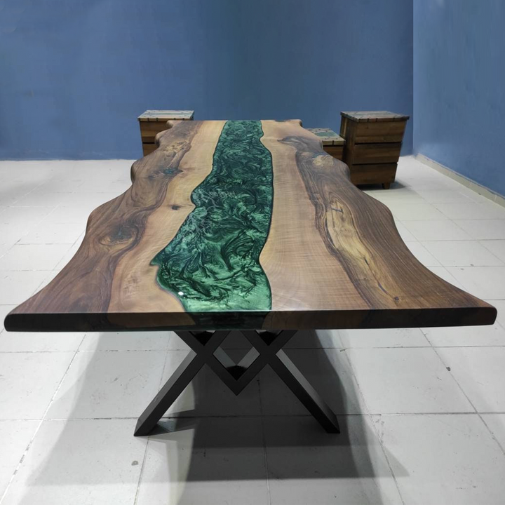 Custom Live Edge Walnut Wood and Green Epoxy River Tables CRT-129