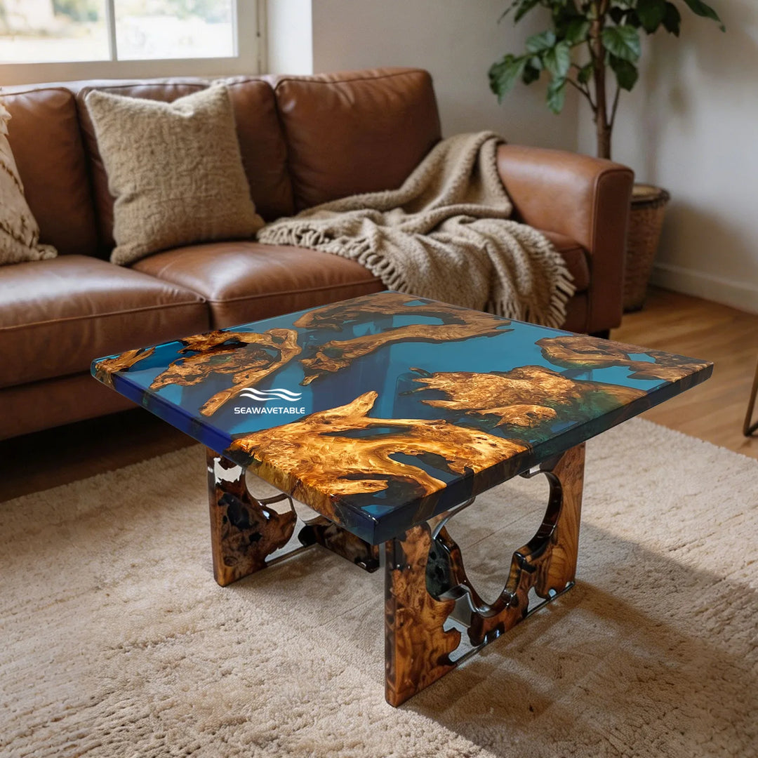 Cunninghamia resin top table coffee table with blue epoxy design placed in a modern living room, featuring a unique wooden coffee table style with natural wood grain - SeaWaveTable