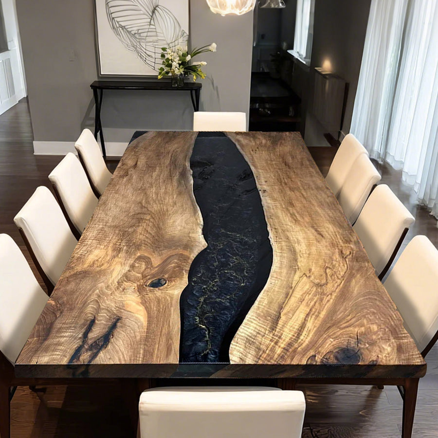 Luxury straight edge walnut epoxy resin river dining table with custom metal legs