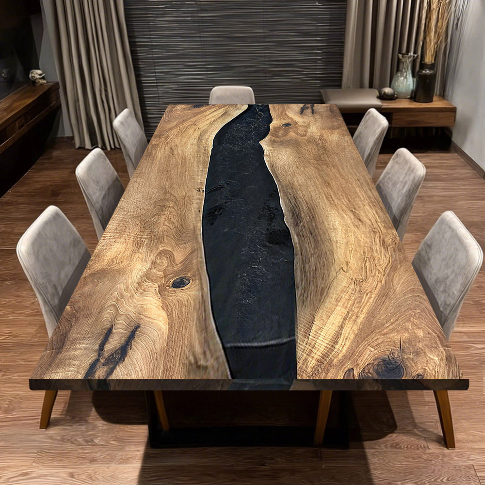 Handmade black walnut resin table featuring natural wood grain and modern design