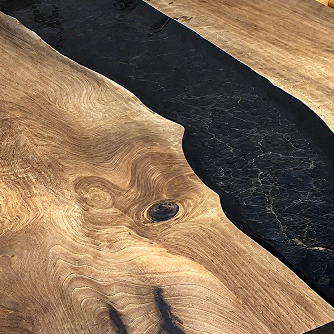 Bespoke resin river dining table with straight edge hardwood top and free legs