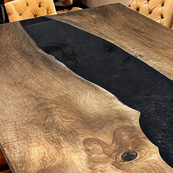 Straight edge resin river table in golden camphor with durable epoxy casting