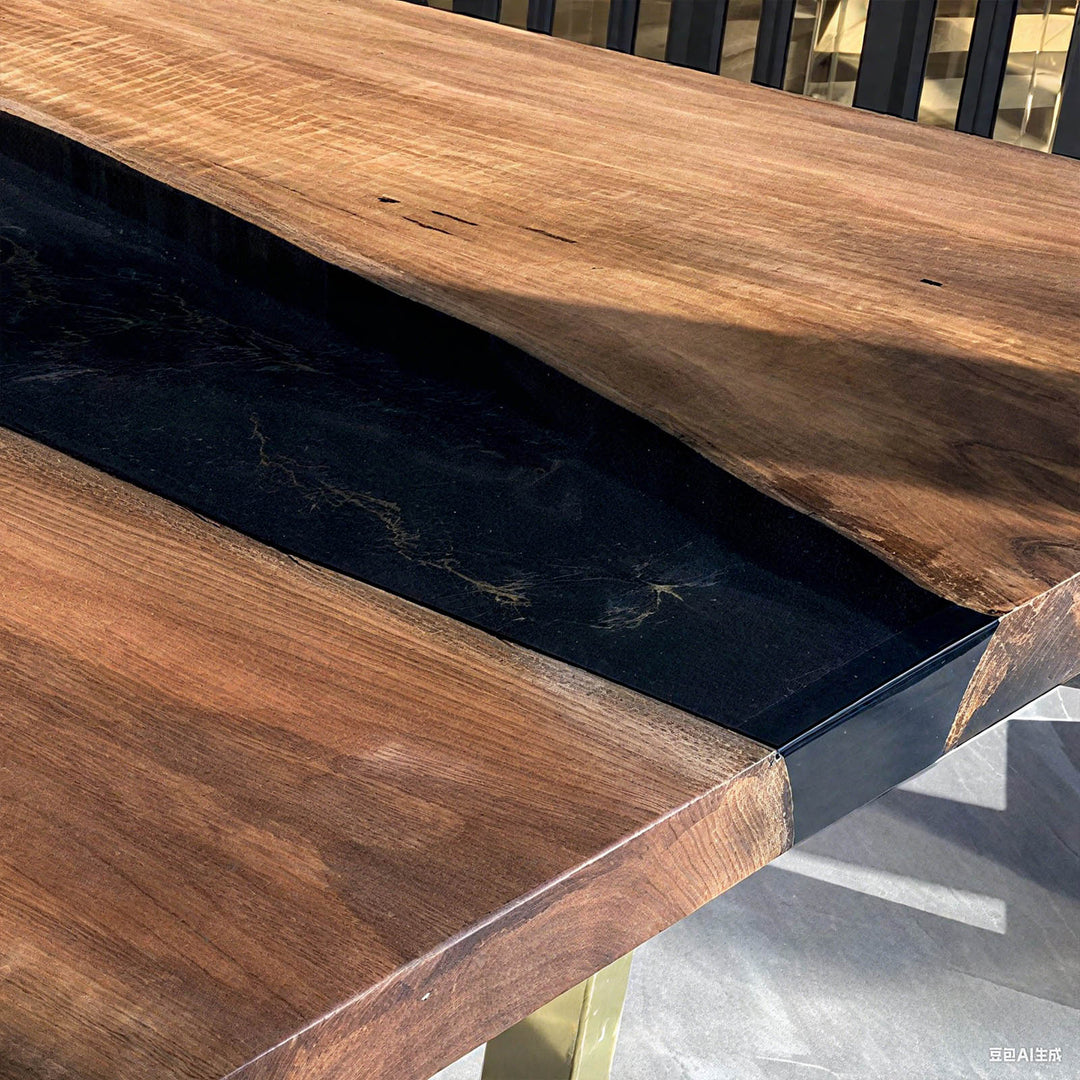 Handmade epoxy resin slab dining table with customizable shapes and edges