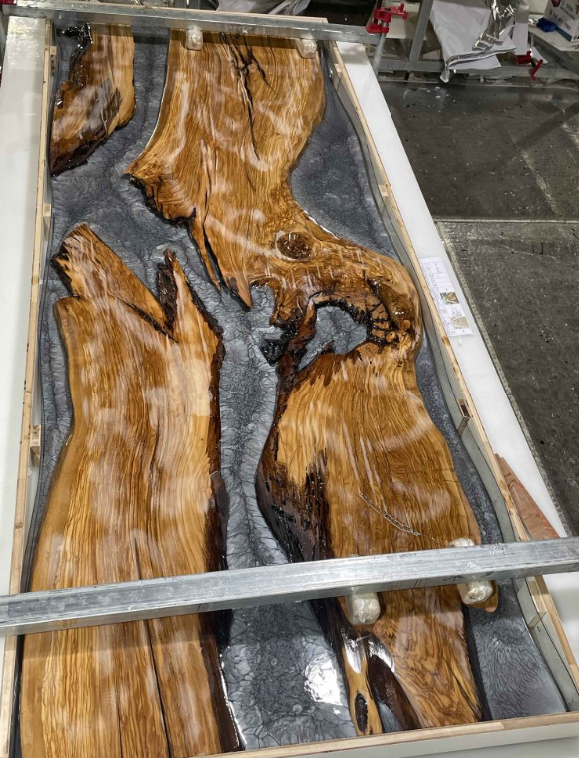 Custom 48" x 90" Olive Wood Epoxy Dining Table with Wooden Table Legs