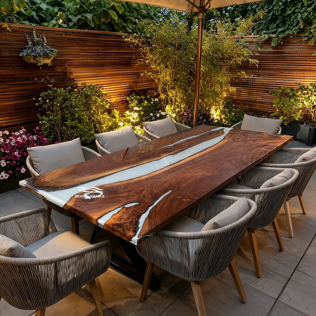 Custom Black Walnut Resin Dining Table featuring a flowing epoxy river design placed in a modern dining room with elegant chairs, creating a unique wood dining table centerpiece for a stylish dining space -- SeaWaveTable