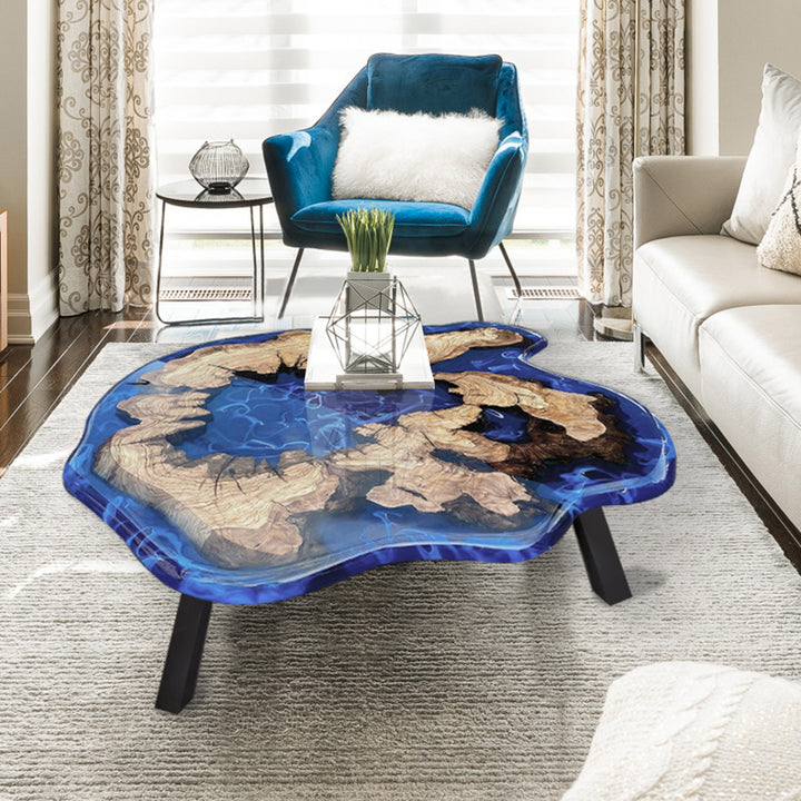 Custom Sapphire Blue Epoxy Dining & Coffee Table Set for Z & Susan