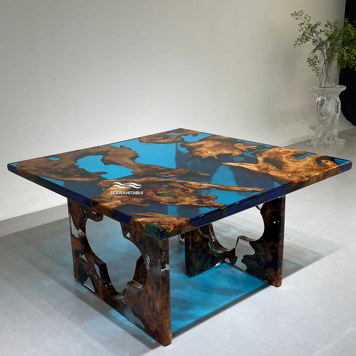 Handmade Cunninghamia wood top table coffee table being polished and refined during the custom resin furniture production process - SeaWaveTable