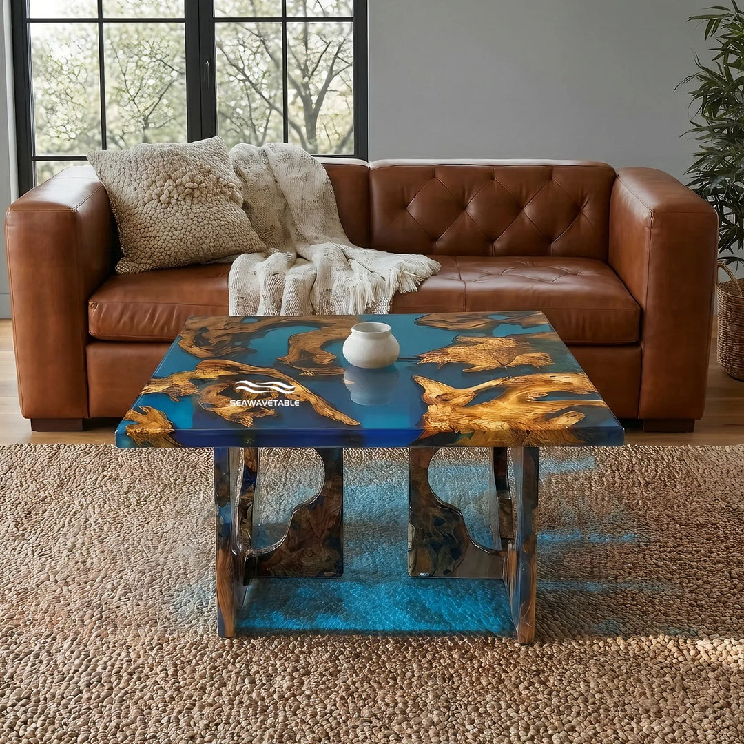 Custom Cunninghamia resin top table coffee table with handcrafted wood details, styled beside a leather sofa as an elegant wooden coffee table design - SeaWaveTable